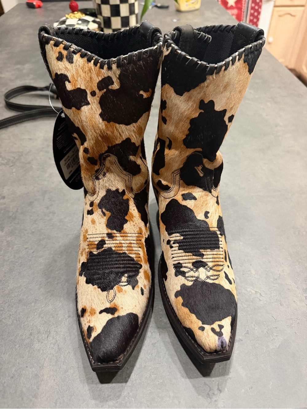 Laredo Cowhide Print Western Ankle Boots in Black & Tan - Picture 2 of 5